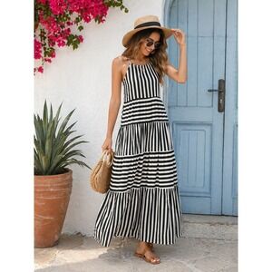 Gilli Maxi Dress Womens L Black White Striped Tiered Tie Shoulder NWT MD6899G